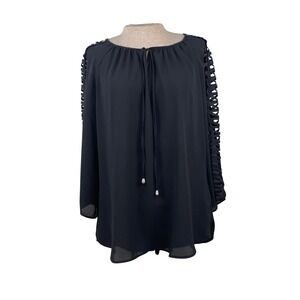 Easywear by Chico's Black Chiffon Ladder Cutout Sleeve Keyhole Blouse Size 1 M